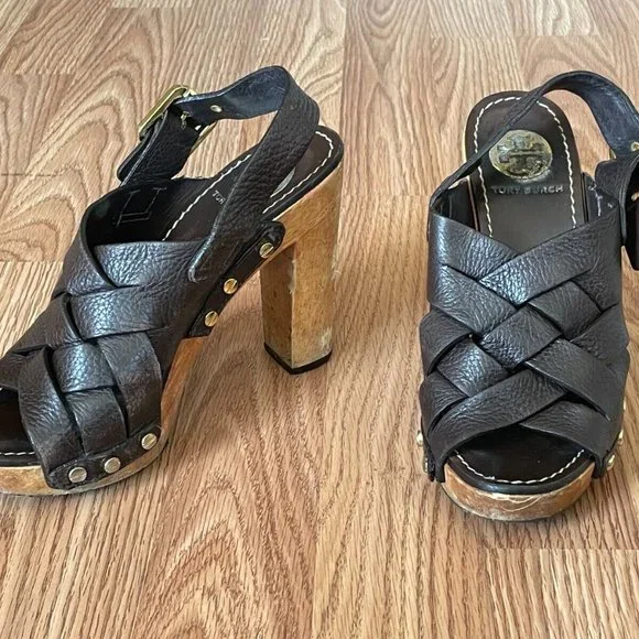 Tory Burch Women Heel Sandal Shoes Dark Brown Leather Upper Wood Heel Size 6 - Picture 6 of 12